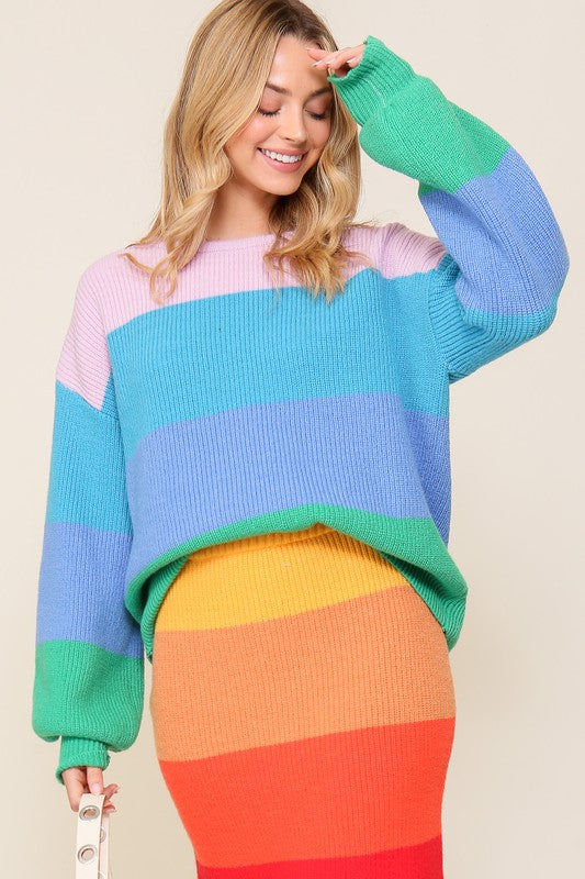 Rainbow Stripe Oversized Chunky Knit Pullover