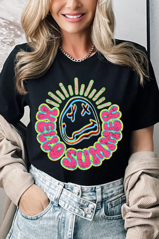 Hello Summer Neon Face Beach Graphic T Shirts