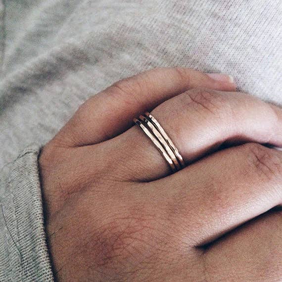 Thin Hammered Band Stacking Rings - Waterproof, Minimalist