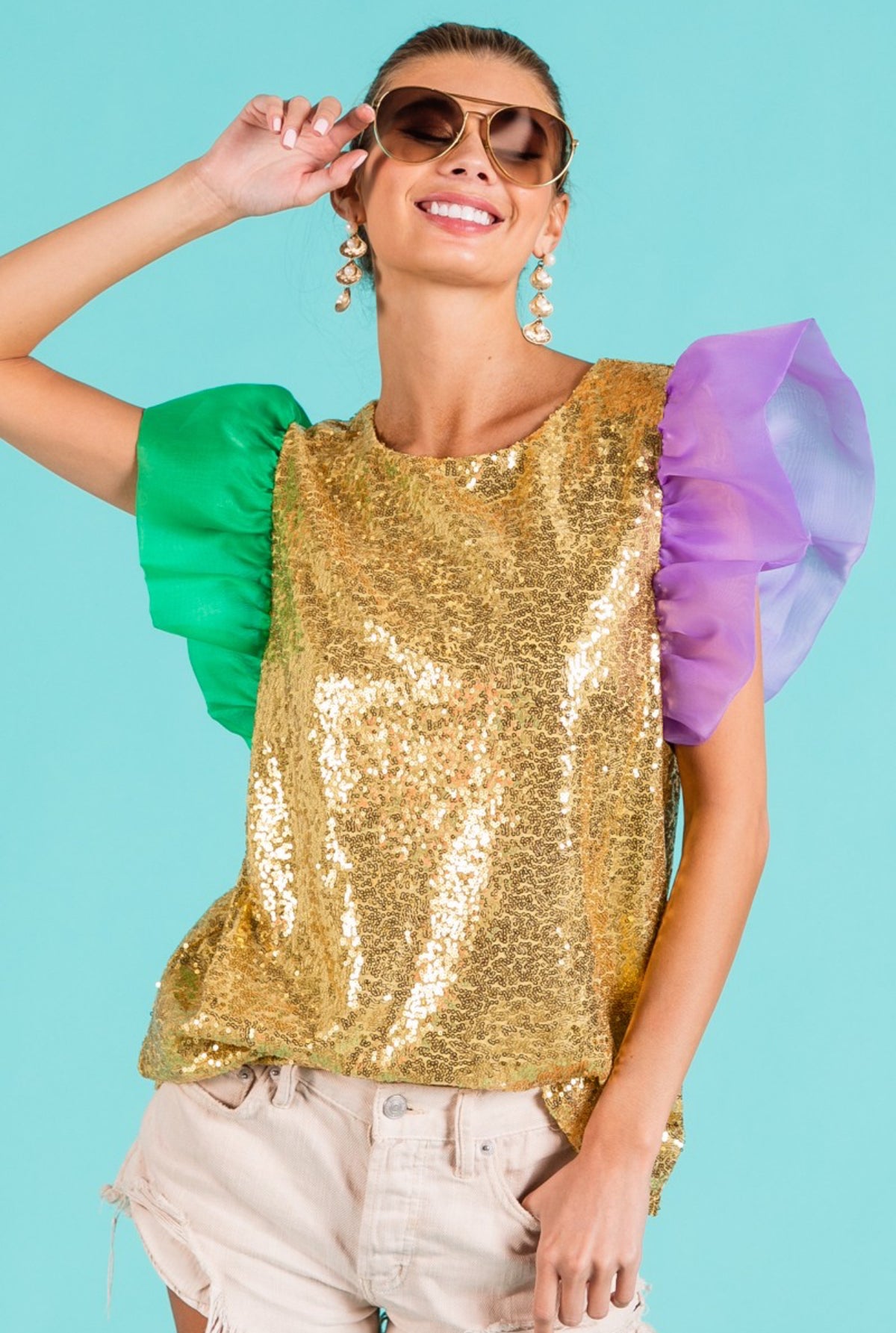 Mardi Gras Sequin Organza Top