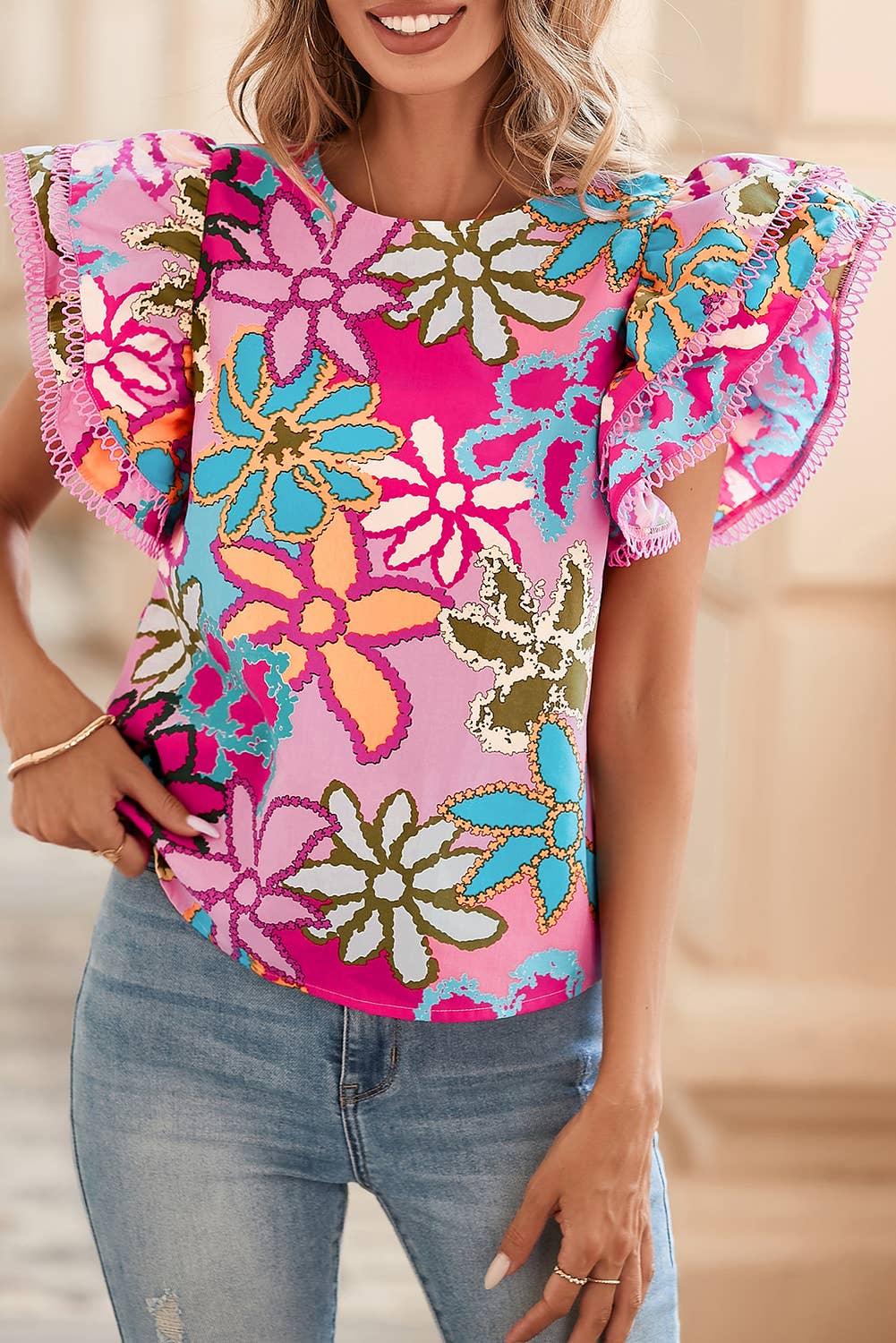 Vibrant Floral Print Ruffle Sleeve Blouse